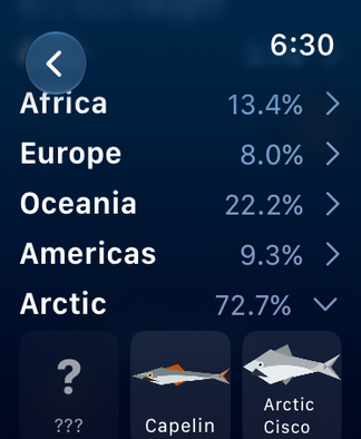 The fish book showing region completion like Arctic 72.7 percent